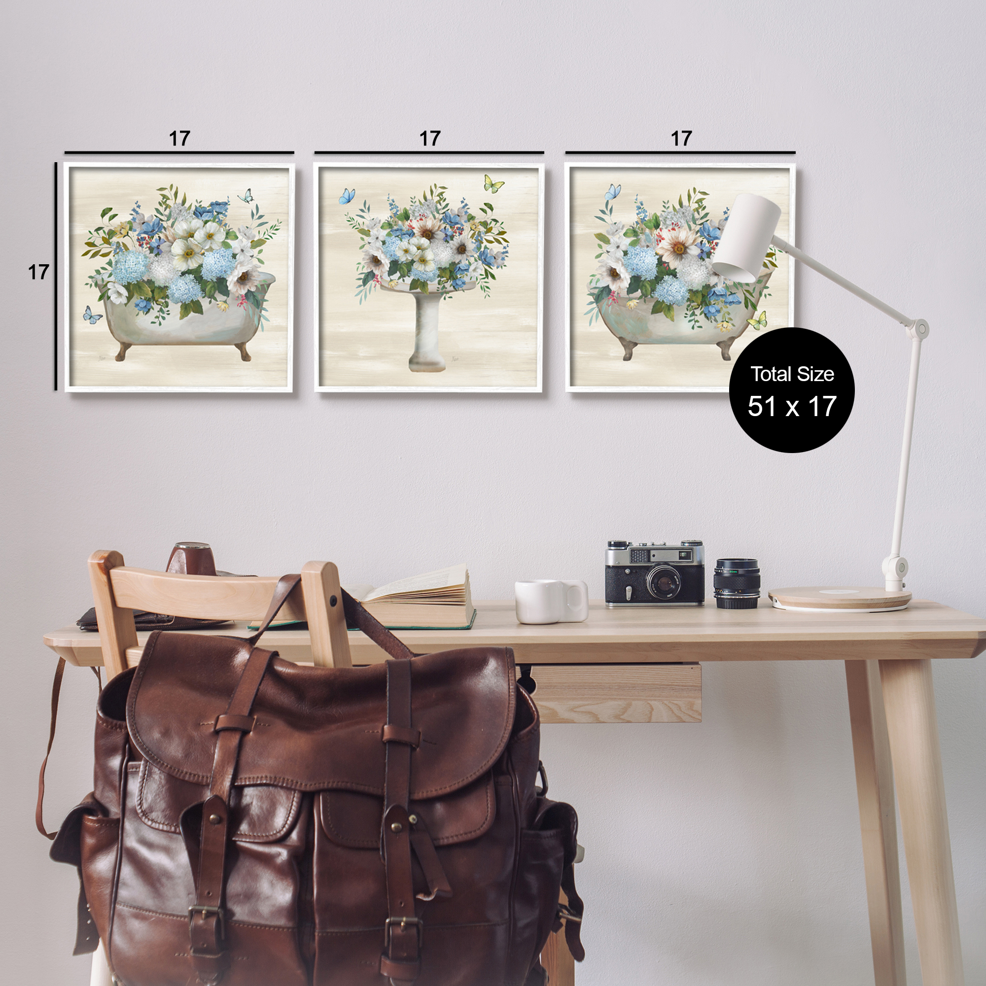 Stupell Industries Country Flower Bathroom Botanical & Floral Painting White Framed Art Print Wall Art, 17 x 17, Set of 3