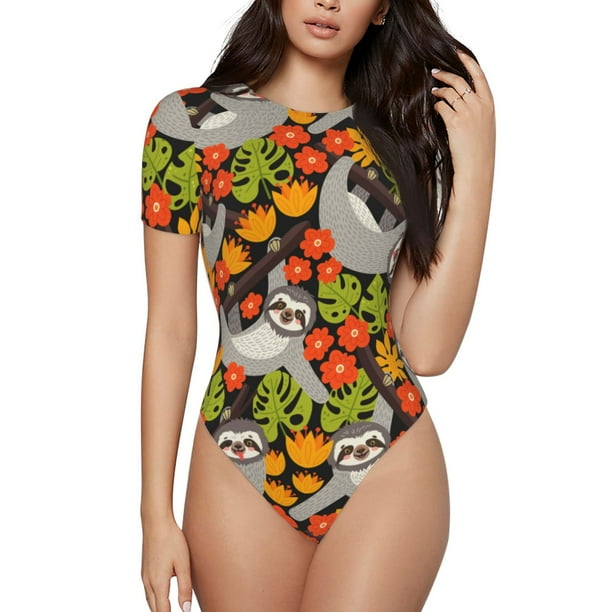 Balery Sloth on the Branch Body de cuello redondo de manga corta para mujer Tops de manga corta Tops básicos-Small