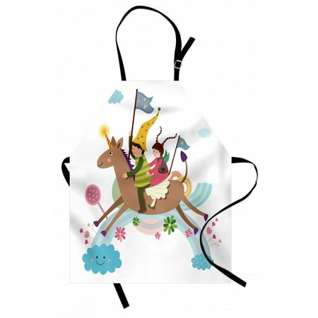 

Donkey Apron Cartoon Riding a Donkey with Unicorn Horn over Clouds and Rainbow Unisex Kitchen Bib with Adjustable Neck for Cooking Gardening Adult Size Multicolor by Ambesonne