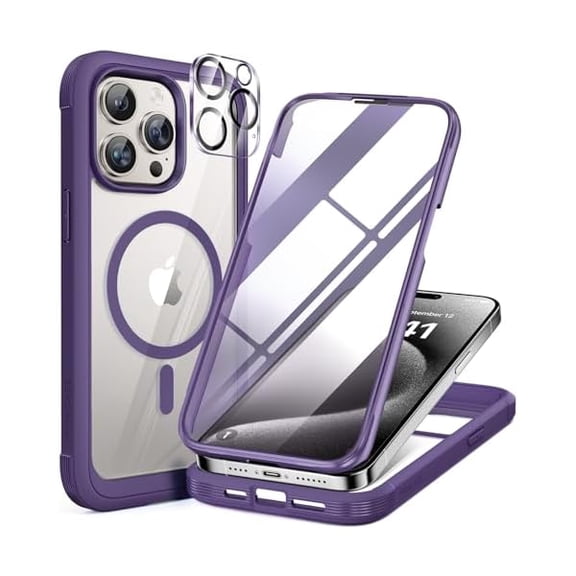 Eryueer Magnetic for iPhone 15 Pro Max Case 6.7'' [Compatible with Magsafe] Full-Body Drop Proof Phone Case for iPhone 15 ProMax with Built-in 9H Tempered Glass Screen Protector,Magnetic Purple