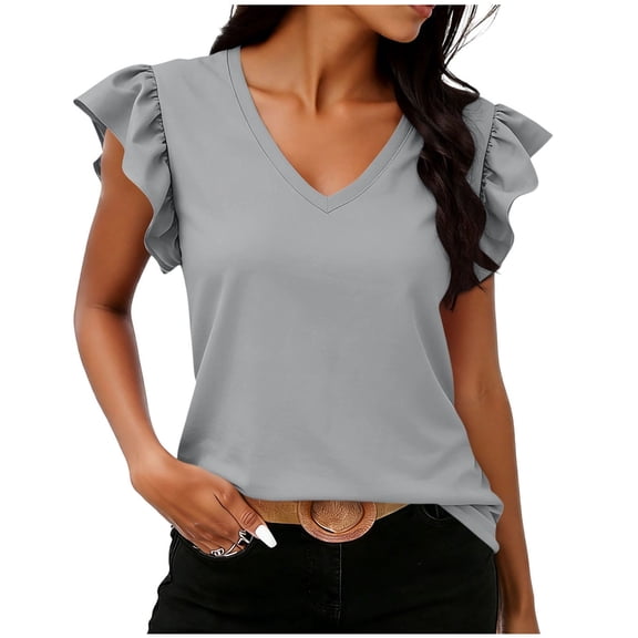CYMMPU Women's Summer Solid Color Short Sleeve Flutter Sleeve Top, Loose Casual Lightweight Summer Blouse Tee Gray M