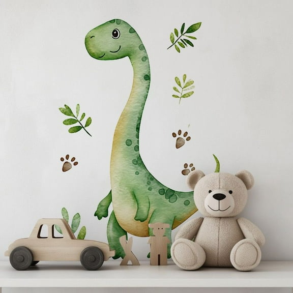 Large Dinosaurs Wall Decals Tropical Green Leaves Baby Dino Wall Stickers Boys Bedroom Toddler Room Baby Nursery Wall Decor