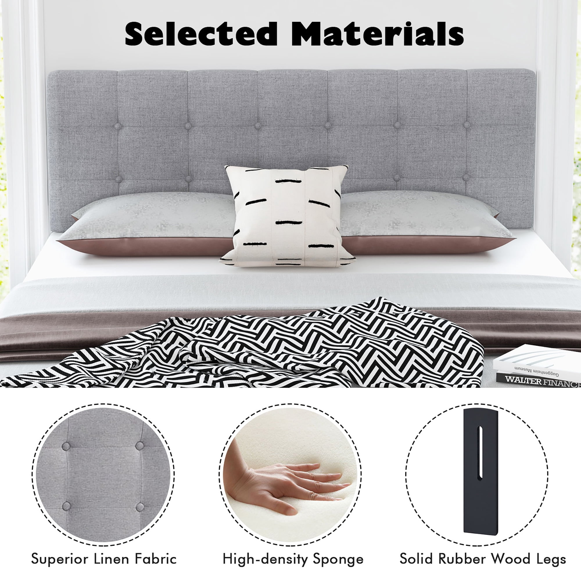 Costway Full/Queen Size Headboard Linen Fabric Upholstered Button Tufted Solid Wood Leg