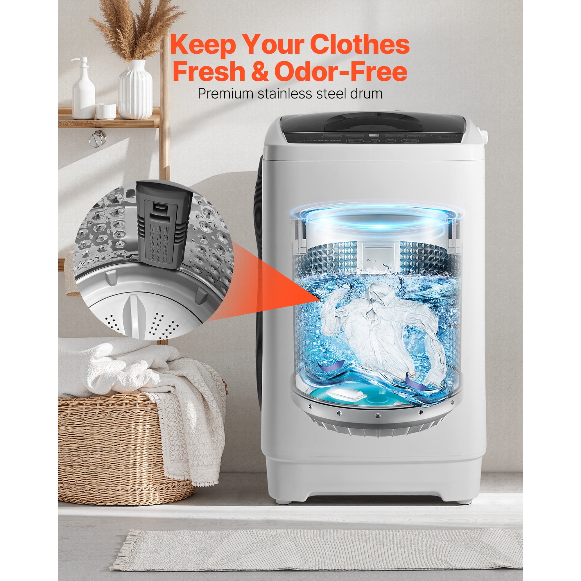 KFFKFF Portable Washing Machine, Compact Washer 1.3 cu.ft with LED Display, Stainless Steel Drum, 8 Wash Programs & 6 Adjustable Water Levels, Ideal for Apartments, RVs, and Dorms