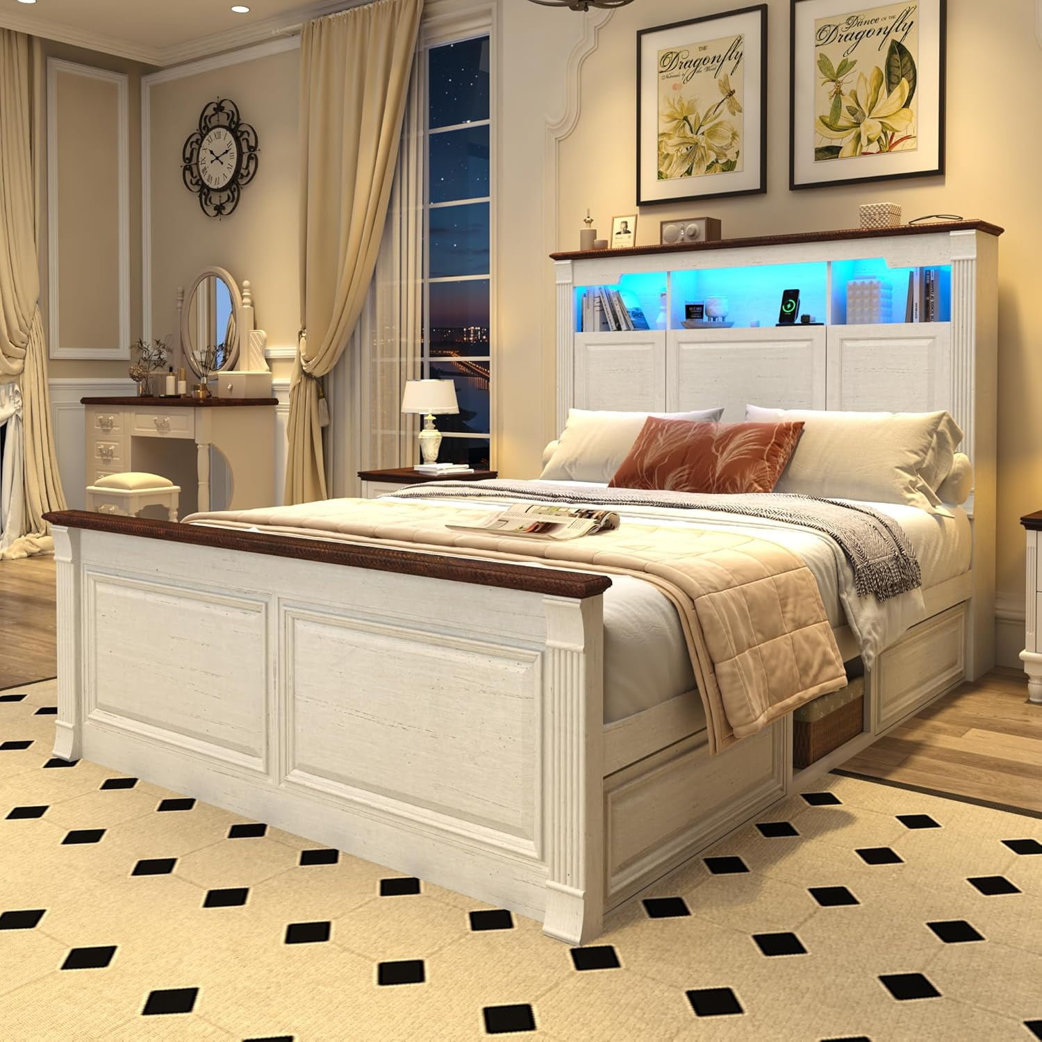 Blotout Farmhouse Queen Size Bed Frame with 55" Tall Storage Bookcase Headboard & 4 Drawers, Wood Platform Bed Frame with 24" Roman Colum Footboard, LED Light, Charging Station, No Box Spring Needed