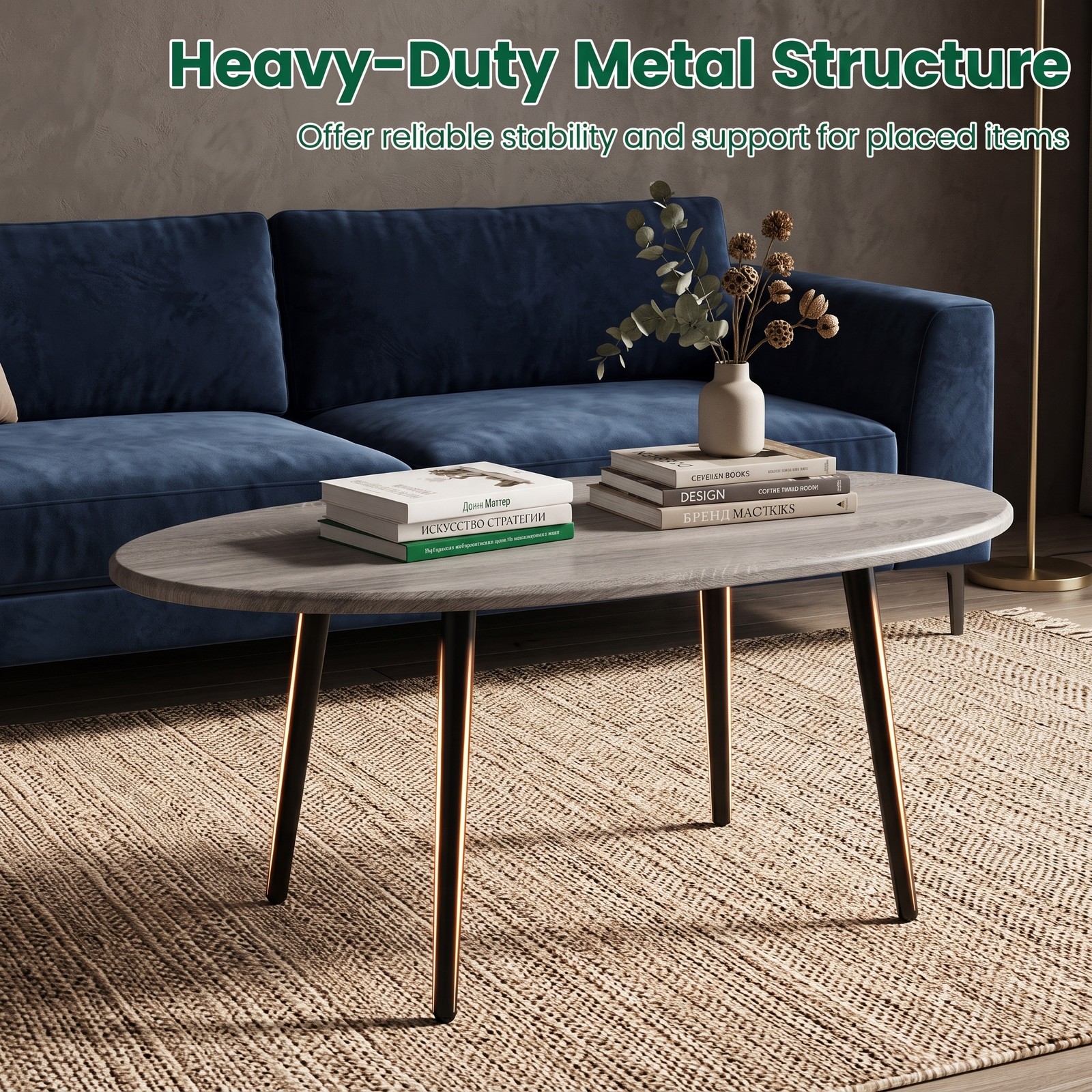 Furnibear Oval Coffee Table Mid Century Center Table with Sturdy Metal Frame, Open Storage Shelf & Adjustable Foot Pads for Living Room, Hallway & Lounge, Gray