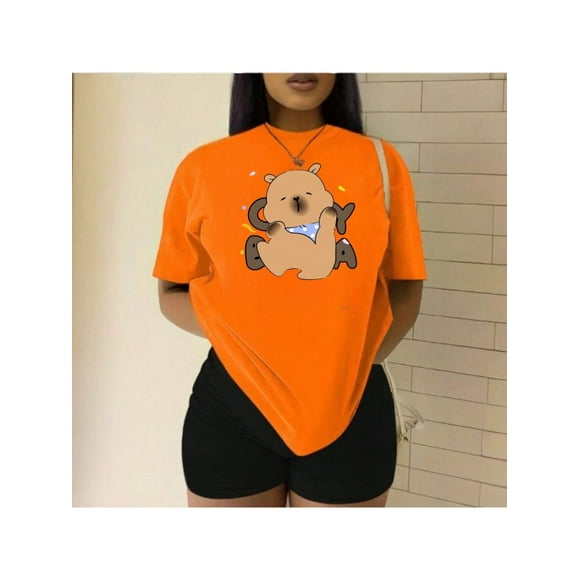 Playera Blusa De Capybara Con Paliacate Diseño Divertido Ropa Para Mujer Capibara Color Anaranjado Talla Chica Marca Emil SaEs