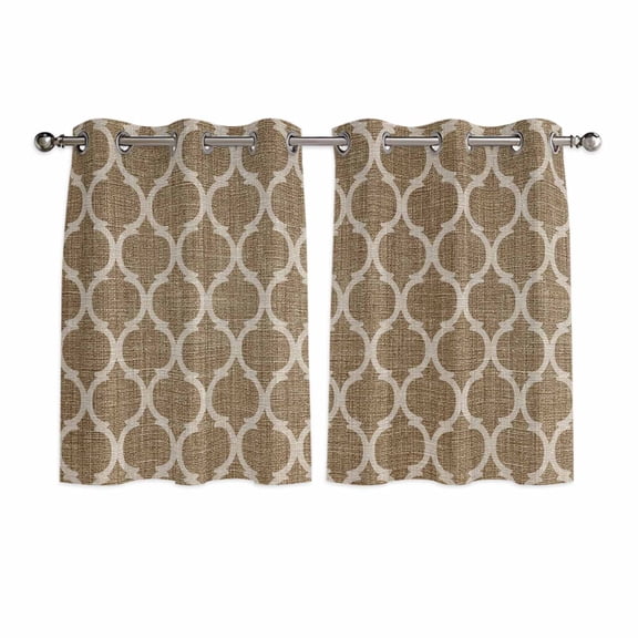 Brown Moroccan Kitchen Curtains Short 45 Inch Length, Morocco Retro Abstract Quatrefoil Plaid Grommet Top Bedroom Living Room Curtains, Light Filtering Cafe Curtain Drapes 2 Panels Set 84''x45''
