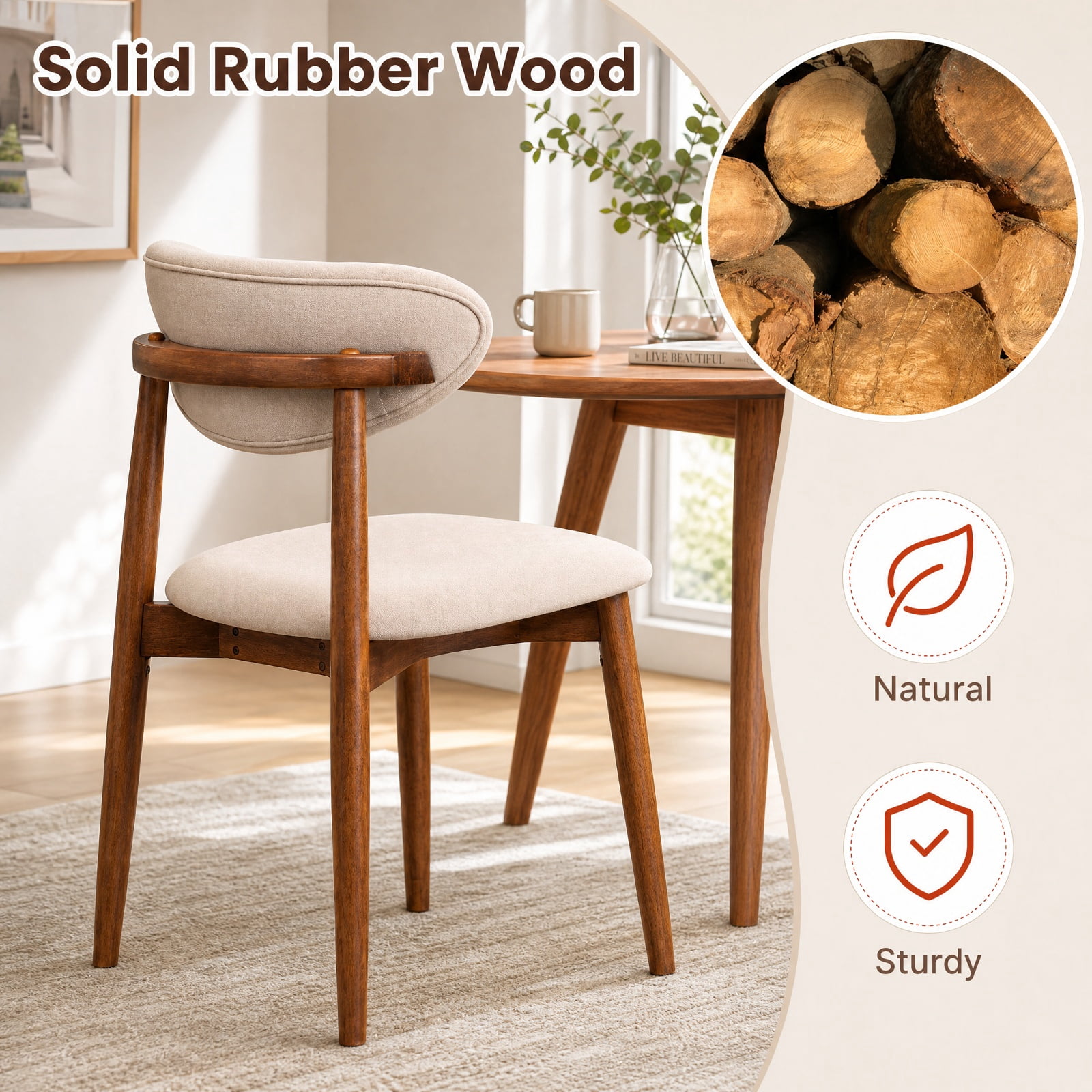 Furnibear Fabric Upholstered Dining Chairs Set of 2 with Curved Backs and Solid Rubber Wood Legs for Kitchen and Farmhouse Dining Room, Beige