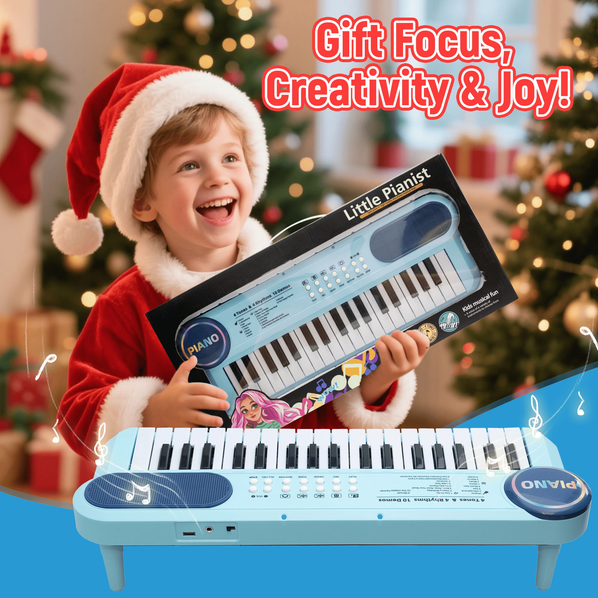 SaveJoy Blue Piano for 1-4 Year Old Kids, 37 Keys Electronic Keyboard Music Toy with Microphone & Stand, Portable Musical Gift for Toddlers