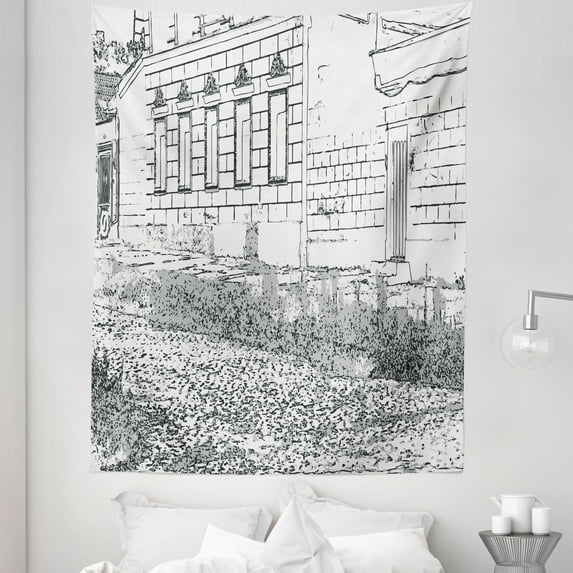Home Tapestry, City Town Landscape Old House in the Rural Antique Hand Drawn Sketches Artwork, Fabric Wall Hanging Decor for Bedroom Living Room Dorm, 5 Sizes, White Pale Grey, by Ambesonne
