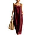 thumbnail image 2 of Women's Linen-Blend Sleeveless Jumpsuit - Spaghetti Strap Wide Leg Romper with Pockets, Loose Fit Casual One-Piece for Spring & Summer Wine M, 2 of 5