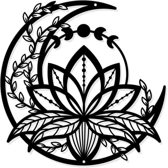Moon Phase with Lotus Flower Metal Wall Art Decor, Matte Style Wall Hanging Decor Silhouette Wall Art for Home Garden Hotel Office Wall Festival Decoration Gift, 11.8×11.8 Inch
