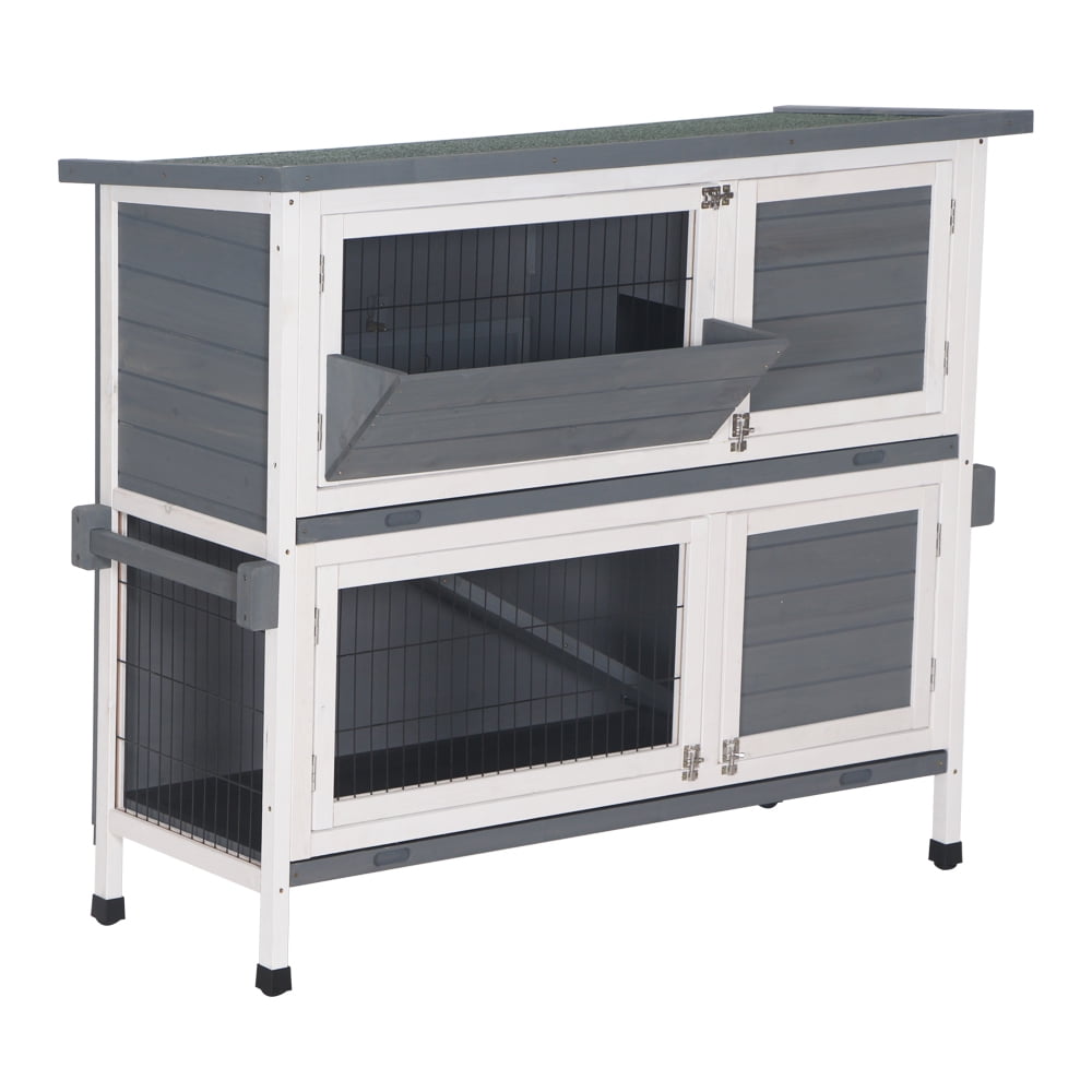 Lowestbest 48" Two Floors Wooden Rabbit Hutch, Chicken Coop House Wooden, Small Animal Cage with Ramp and Tray, White&Gray Lowestbest 48" Two Floors Wooden Rabbit Hutch, Chicken Coop House Wooden, Small Animal Cage with Ramp and Tray, White&Gray
