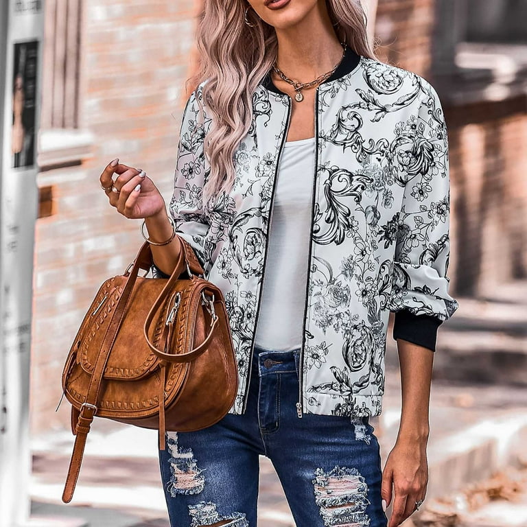 Coats for Women Jackets for Women Womens Ladies Printed Crew Neck Jacket Long Sleeve Coat Outerwear Womens Cardigan Sweaters on Sales Womens Jacket