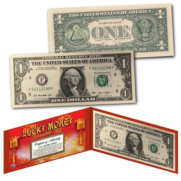 Chinese Lanterns Lucky Money Double 88 Serial Number $1 US BEP Bill w/ Red Folio