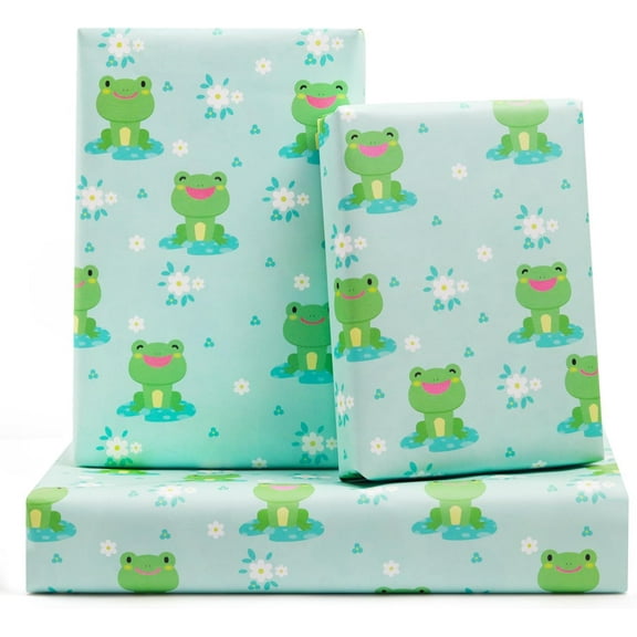 Frog Gift Wrapping Paper for Kids Baby Girls Boys, 6 Sheets Lotus Leaf Flower Frog Design 20 x 28 inch Birthday Wrapping Paper for Baby Shower Birthday Kindergarten Newborn
