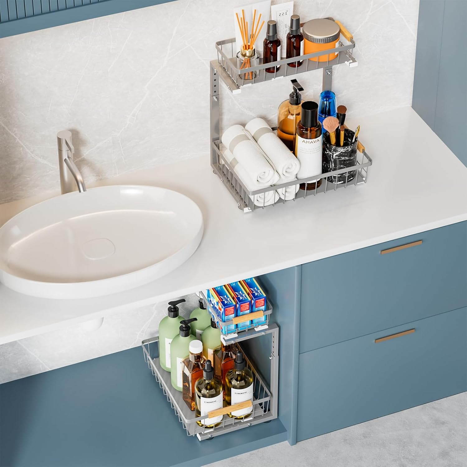 Under Sink Organizers and Storage, 2 Pack Under Kitchen Bathroom Cabinet Organizer, 2 tier pull out cabinet organizer, Adjustable Height Kitchen Cabinet Organizers and Storage, Gray