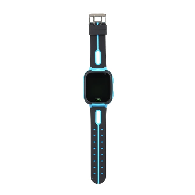 reloj inteligente para niños reloj inteligente para niños con cámara sos iluminación azul Yeacher, vista frontal centrada de reloj con correa negra y líneas azules, pantalla LCD cuadrada de 1.44" apagada, carcasa de TPU y botón SOS lateral, hebilla metálica y ajuste perforado, peso de 40 g; apto como dispositivo de comunicación y acompañamiento para niños durante actividades.
