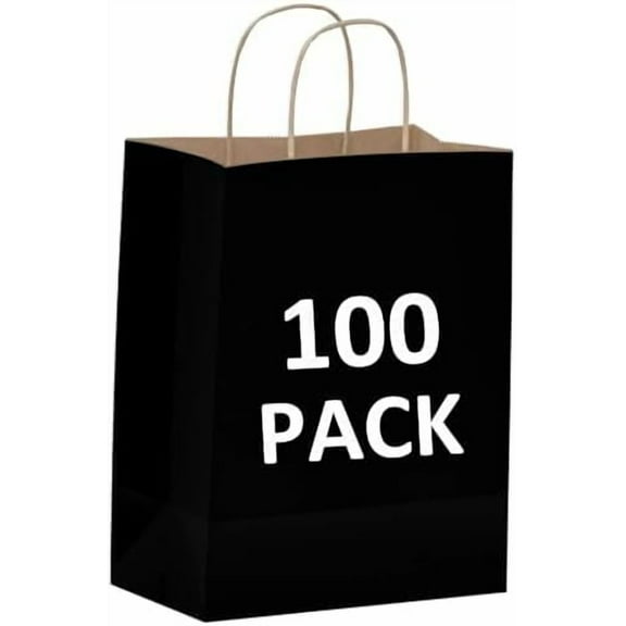 Black Gift Bags with Handles Bulk - 100 Pcs 8x4.5x10 inches Black Paper Bags for Shopping, Retail, Small Business, Party, Merchandise