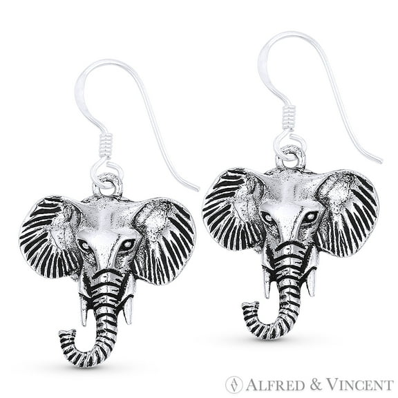 Elephant Head Animal Charm Dangling Hook Earrings in Oxidized .925 Sterling Silver
