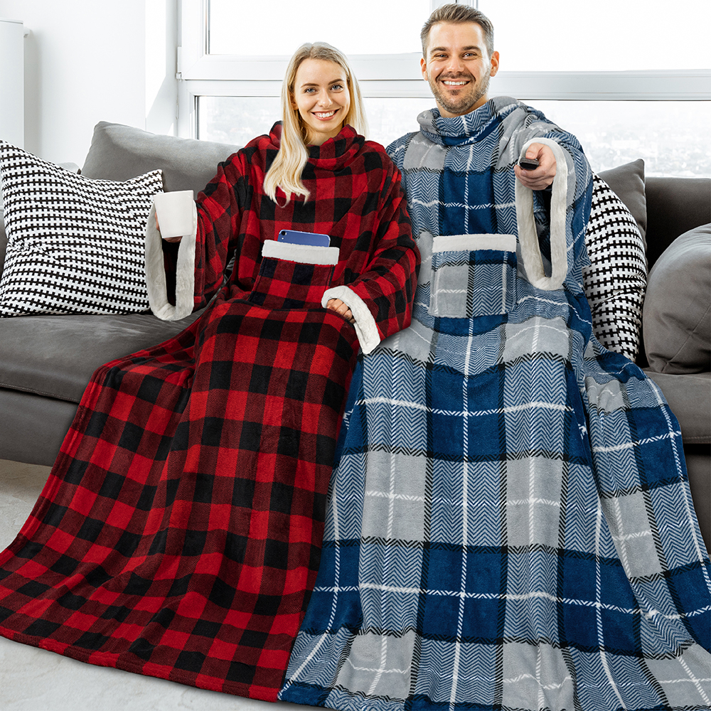 PAVILIA Fleece Blanket with Sleeves for Women Men Adults, Wearable Blanket  Warm Soft Plush, Hug Sleep Pod Snuggle Pocket Sleeved TV Throw Wrap, Cozy  White Elephant Gifts Ideas for Mom Wife, Plaid