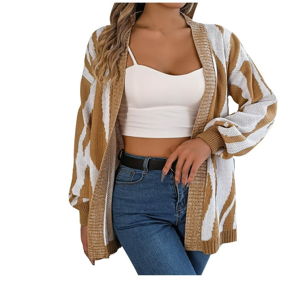 BLVB Women's Color Block Long Lantern Sleeve Open Front Knit Cardigan Casual Sweater Fall Fashion Coats Knitwear