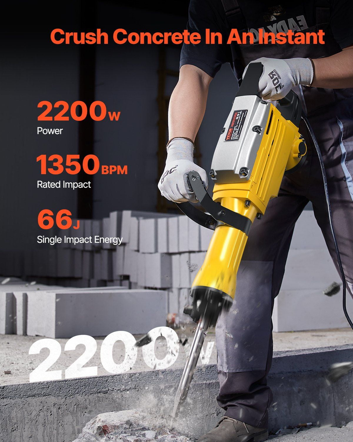 2200W Heavy Duty Electric Demolition Jack Hammer 1350 BPM Concrete Breaker with Point Chisel Flat Chisel Storage Case Gloves Goggles