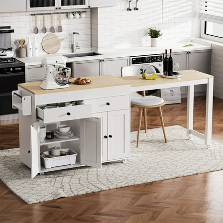 YIYADO Kitchen Island, Retractable Dining Table on Wheels, with Spice Rack and 2 Drawers, with 4 Door Cabinets, White