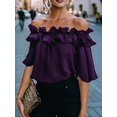 thumbnail image 5 of Women'S Off Shoulder Ruffle Short Sleeve Chiffon Blouse S, 5 of 7