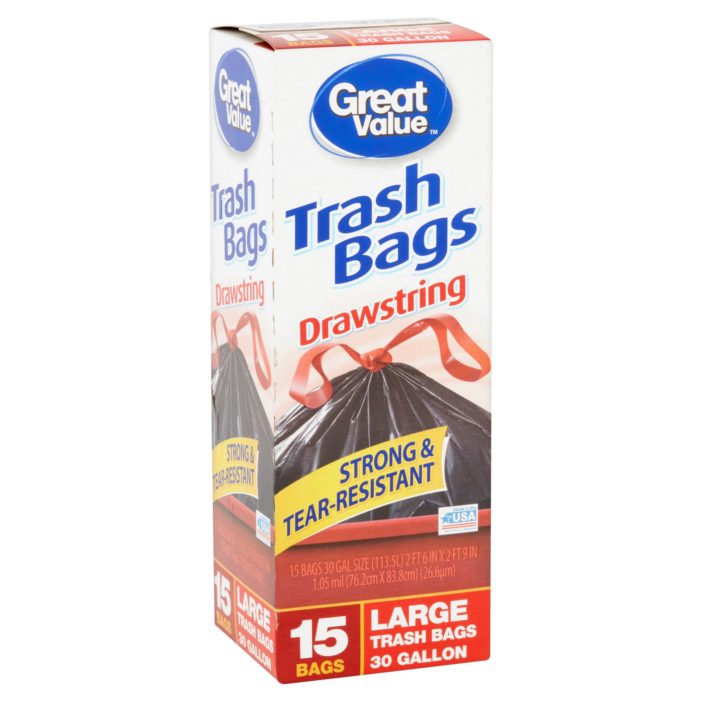 Great Value Drawstring Large Trash Bags, 15 count