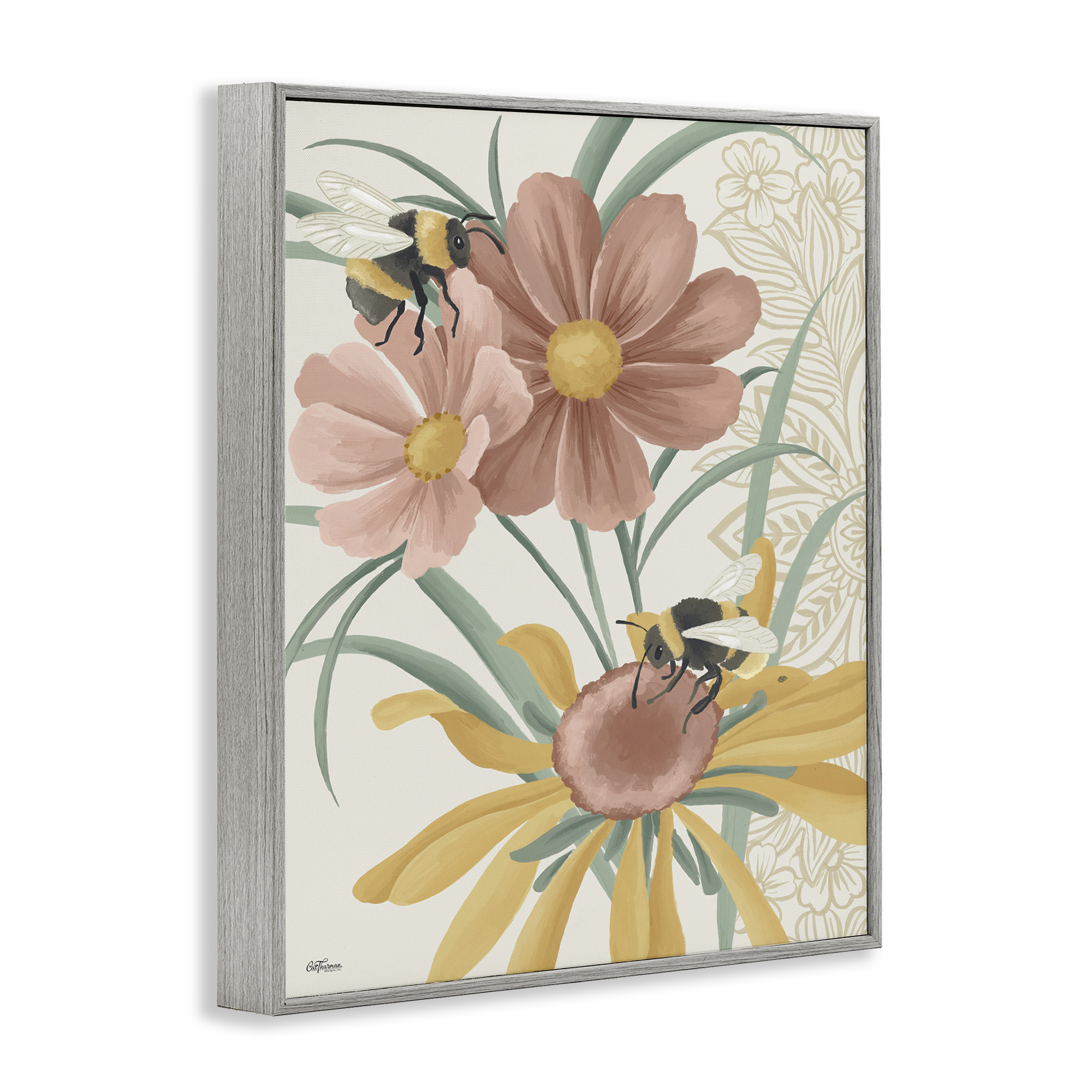 Stupell Industries Pollinating Bumble Bees Botanical & Floral Painting Gray Framed Art Print Wall Art, 11 x 14