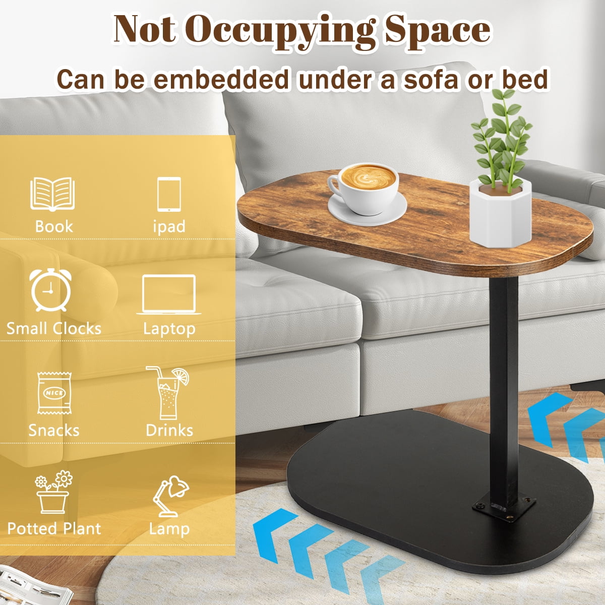 SolarSoda C Shaped Side Table, 360° Swivel End Table for Living Room, Height Adjustable(Brown)