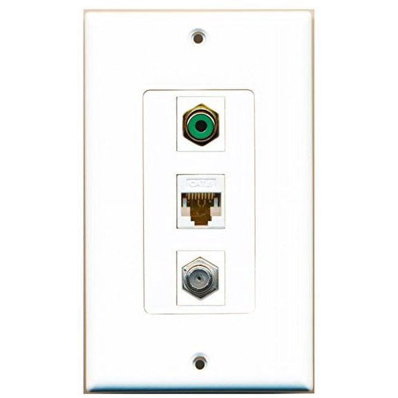 RiteAV - 1 Port RCA Green and 1 Port Coax Cable TV- F-Type and 1 Port Cat6 Ethernet White Decorative Wall Plate Decorative