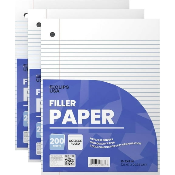 E-Clips USA 200-Sheet College Ruled Notebook Paper, 60 GSM Loose Leaf Paper, 3-Pack