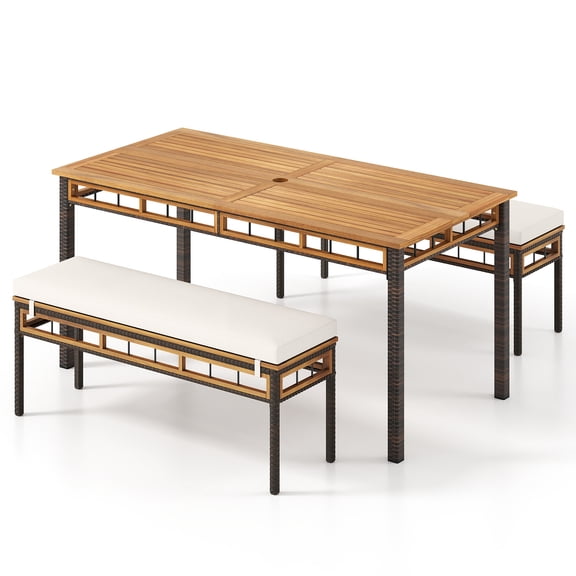 Gymax Set of 3 Acacia Wood Patio Dining Set w/1.97'' Umbrella Hole & Cushions for Garden