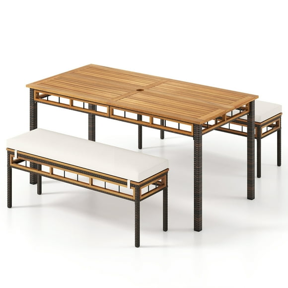 Gymax Ensemble de 3 Ensemble de Salle à Manger de Patio en Bois d'Acacia avec Trou pour Parasol de 1,97 Pieds' et Coussins pour Jardin