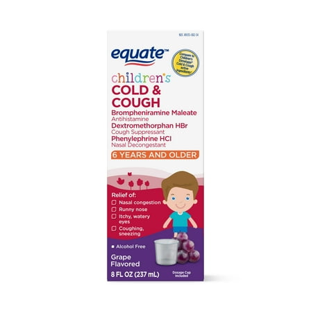 Equate Children's Cold and Cough Liquid, Grape Flavor, Ages 6 Years and Older, 8 oz, Compare to Children's Dimetapp® Cold & Cough Active Ingredients