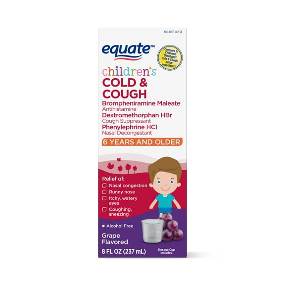 Equate Children's Cold and Cough Liquid, Grape Flavor, Ages 6 Years and Older, 8 oz, Compare to Children's Dimetapp® Cold & Cough Active Ingredients