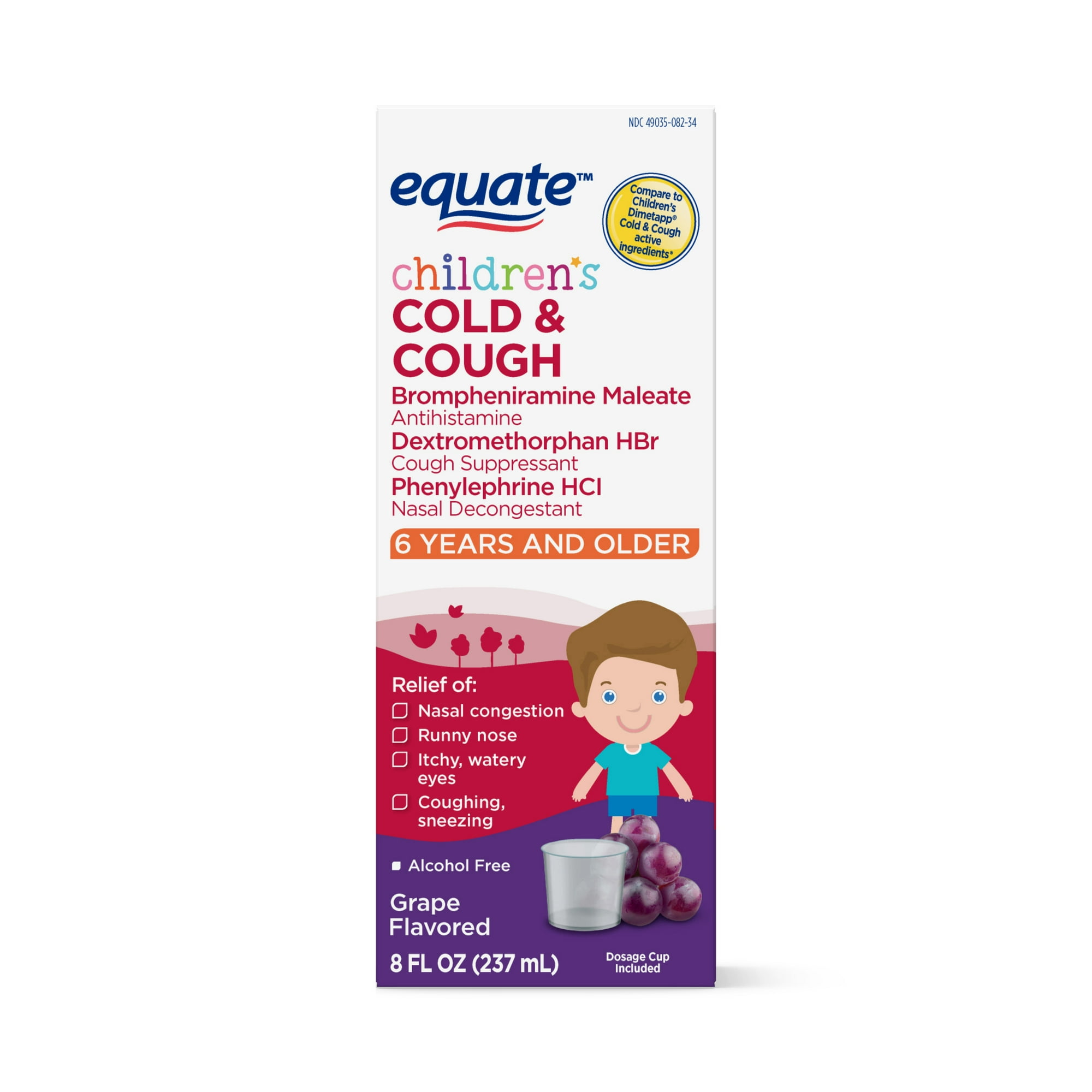 Equate Children's Cold and Cough Liquid, Grape Flavor, Ages 6 Years and Older, 8 oz, Compare to Children's Dimetapp® Cold & Cough Active Ingredients