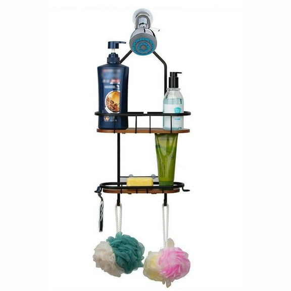 Utopia Alley  2 Teak Shelves Aluminum Rustproof Over the Shower Caddy, Matte Black