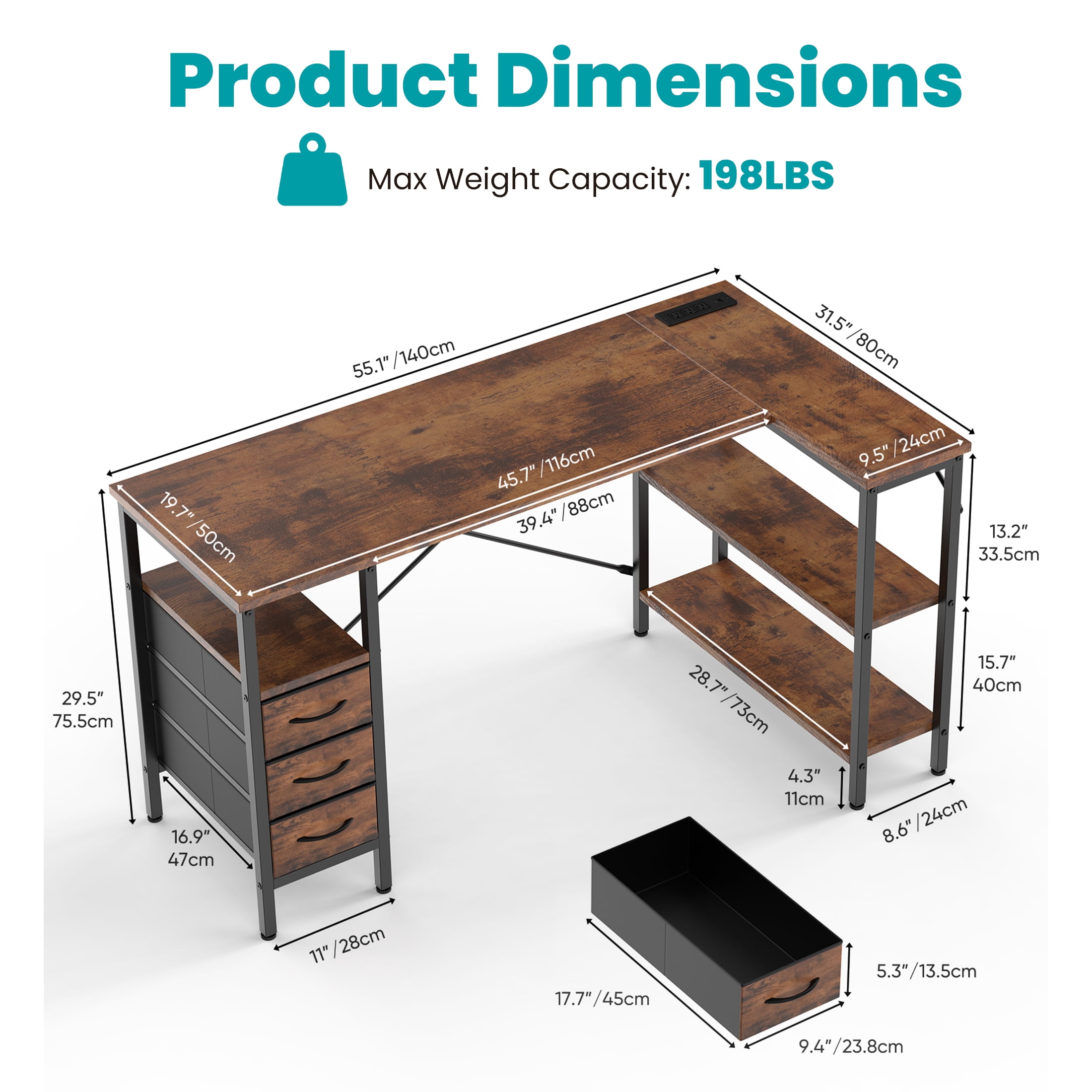 CONCETTA 55"L Shaped Computer Desk with 3 Drawers, Power Outlets, USB Ports, and Monitor Stand, Corner Gaming Desk for Home Office,Rust