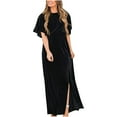 thumbnail image 2 of BLTIBY Women's Vintage Velvet Dress Ruffle Short Sleeve Round Neck Gown Elastic Waist Flowly Long Dress Slit Cocktail Dresses Black L, 2 of 4