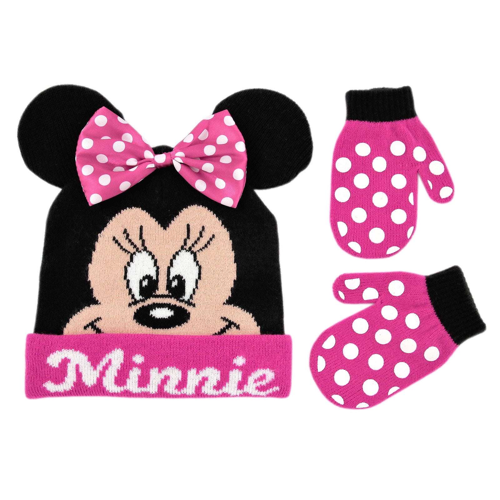 Girls Minnie Hat and Mittens for Toddlers Size 2T-5 Polka Dot Winter Knit Hat Cold Weather