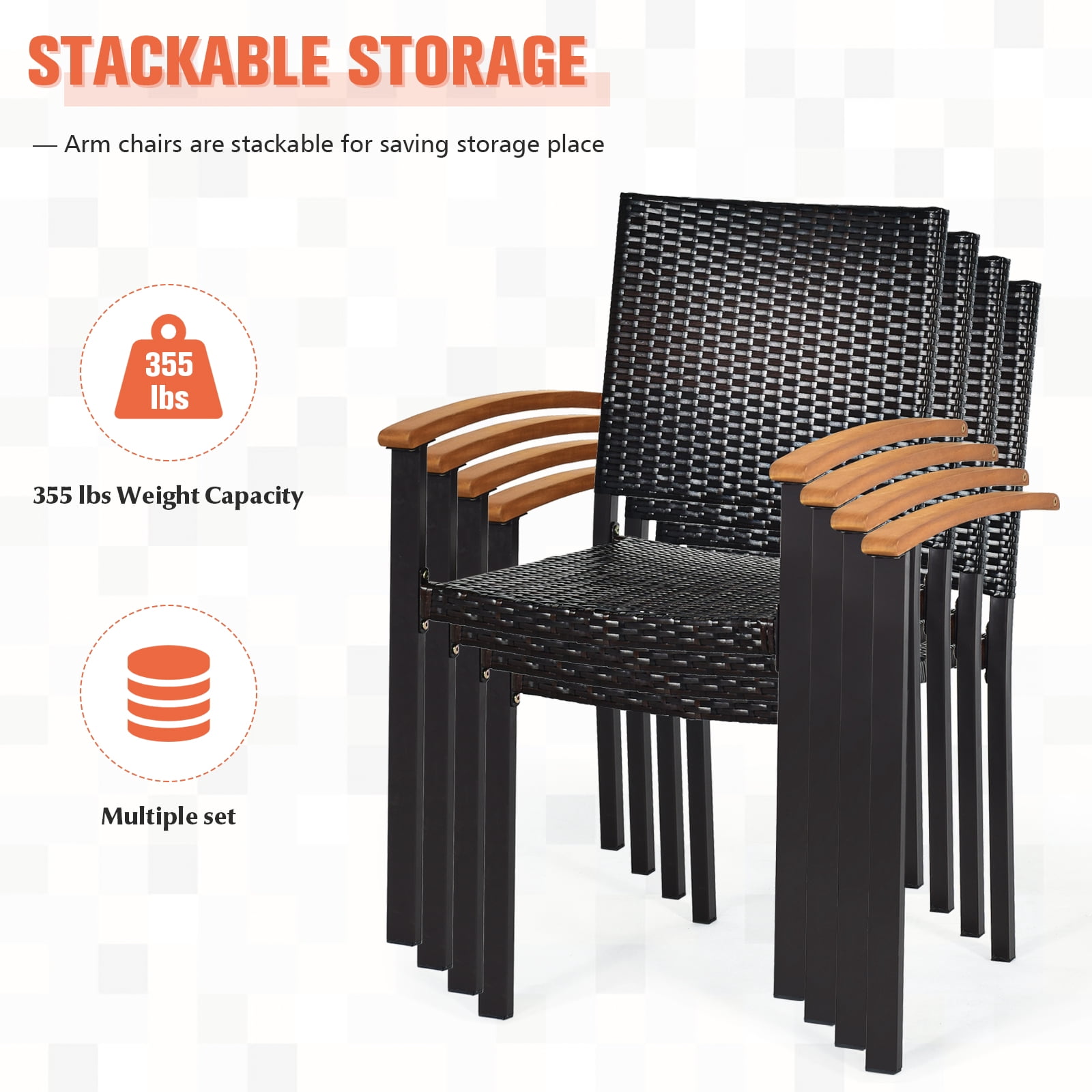 Patiojoy Patio Rattan Dining Armchair 4 Set of Wicker Chair W/Steel Frame Acacia Armrests Indoor&Outdoor