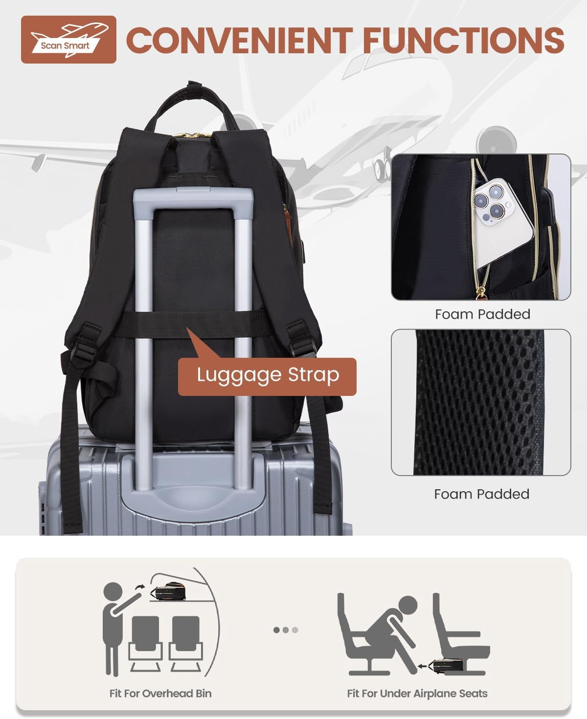 Lovevook Women's USB Charging Port Nylon 15.6" Laptop Backpack, Black-Beige