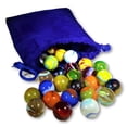 thumbnail image 1 of Mega Fun Set of 25 Glass Player Marbles in Blue Velveteen Bag, Assorted Colors and Styles, 1 of 3