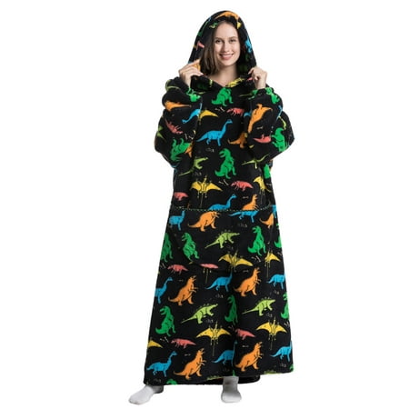 

Womens Oversized Hoodie Blanket Fluffy Fleece Long Robes Cartoon Printed Blanket with Front Pocket Winter Pajama Robes Nightwear