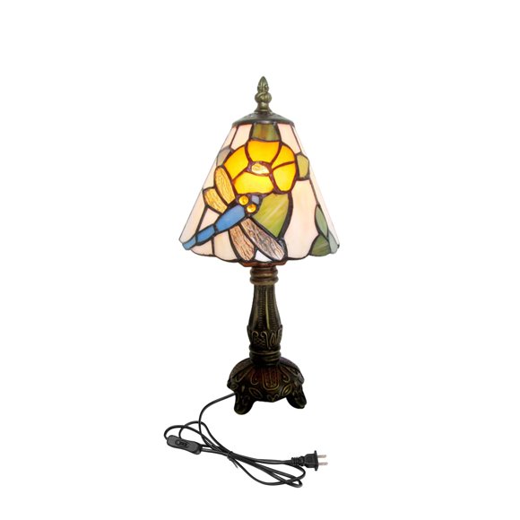 FSLiving Tiffany Style Table Lamp with 5.9ft Plug in Cord Flower Glass LampShade Vintage Style Decorative Desk Light E12 Antique Table Light for Decor Living-Dining Area Fireplace Accent Bookcase