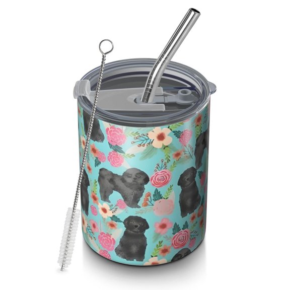 12oz Coffee Tumblers Bichon Dog Blue Florals Stainless Steel Vacuum Insulated Travel Tumbler Coffee Cups Mug with Lid and Straw with Cleaning Brush for Cold & Hot Drinks
